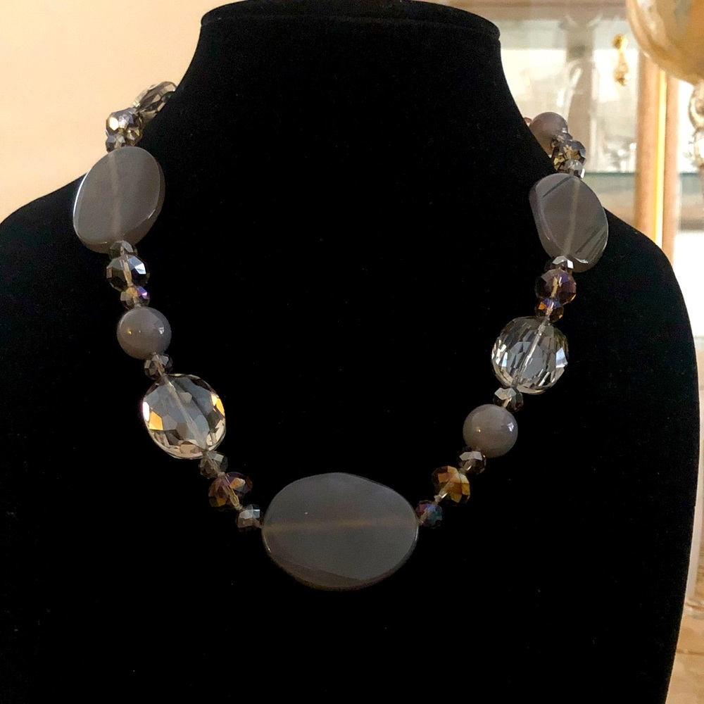 Gray Agate, Gray Glass Necklace in Silver-tone